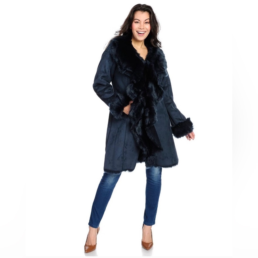 Donna Salyers Fabulous Furs Navy Cascading Faux Fur Coat Jacket XS Luxe Winter - Picture 1 of 16